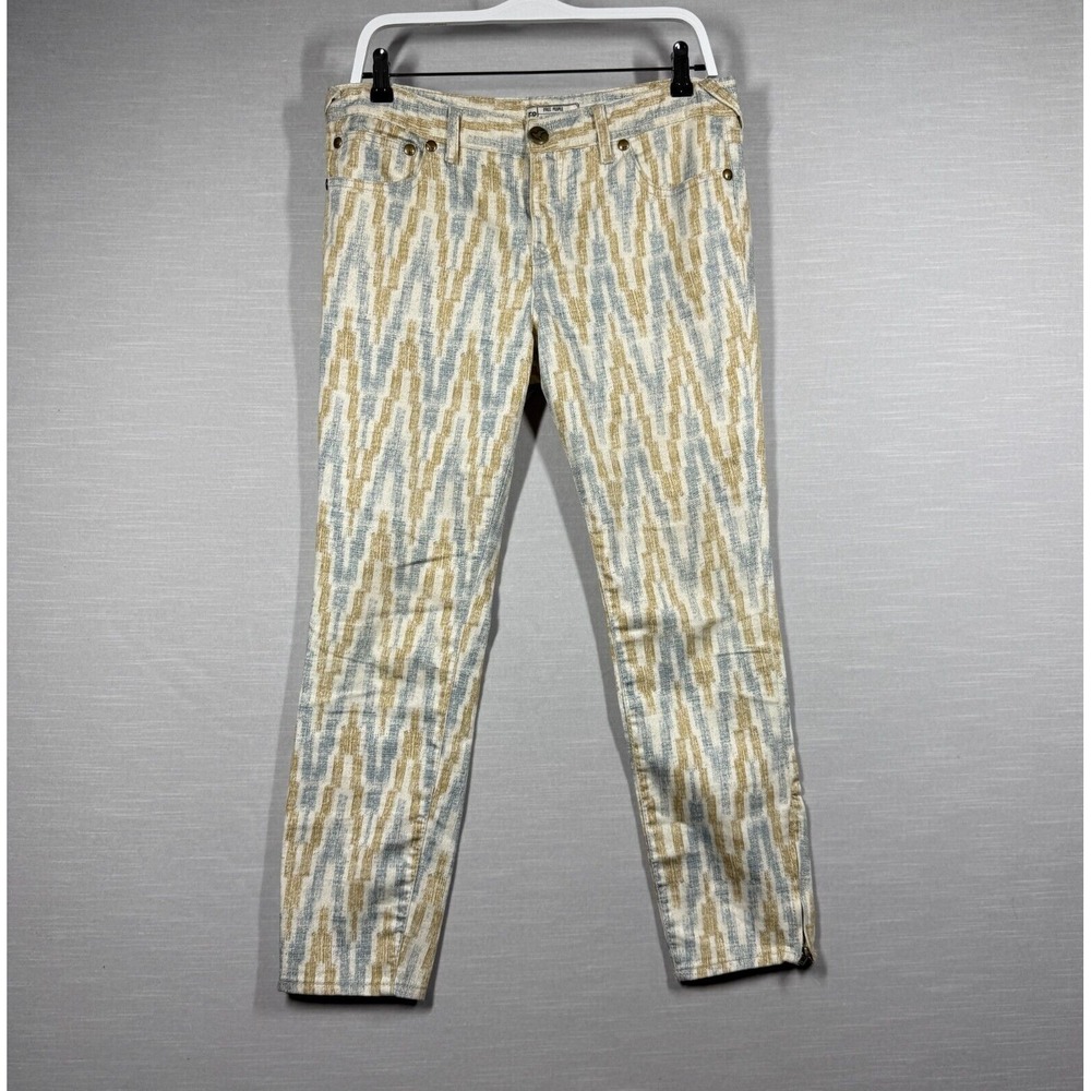 Free People Jeans Womens 30W White Gray Yellow Straight Aztec Zig Zag Zipper